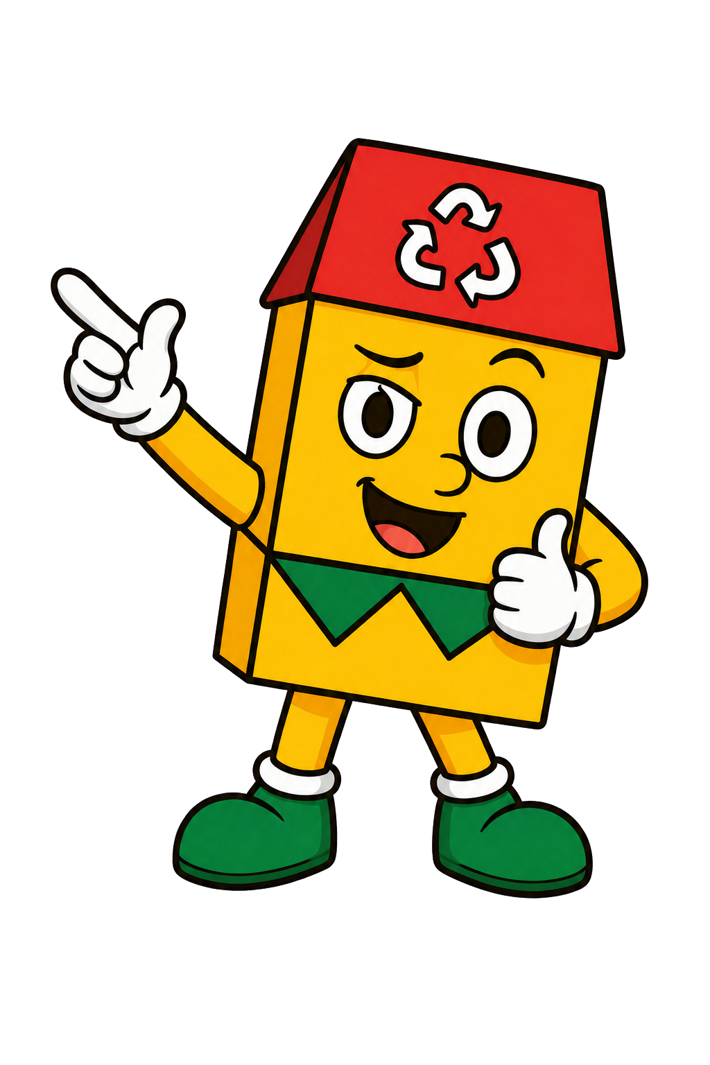 Palmiteco, mascote da reciclagem de Palmital, apontando para as orientações